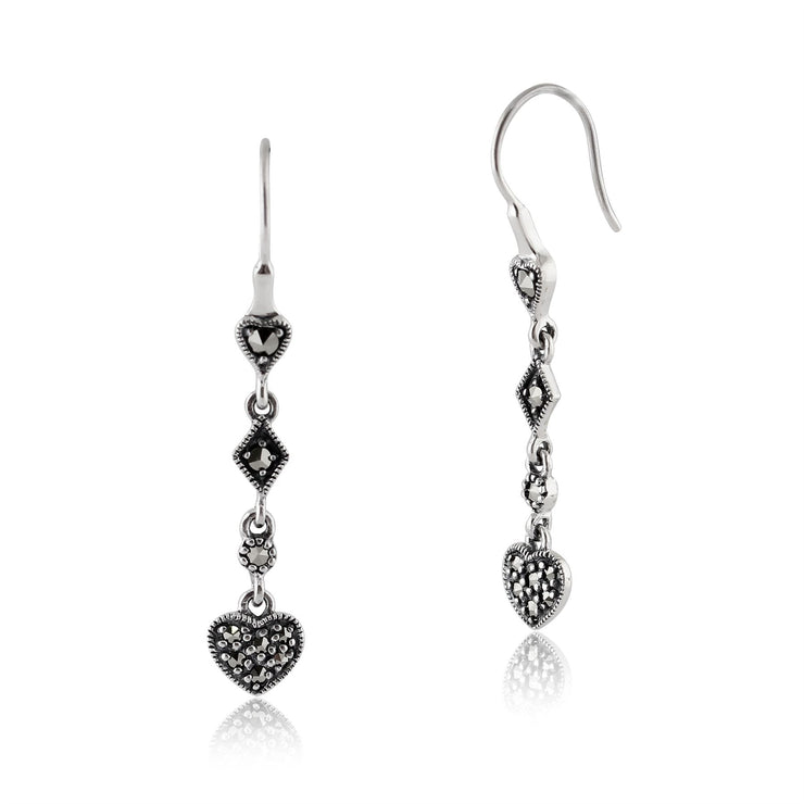 Boucles d'Oreilles Pendantes Cœur Style Art Déco Argent 925 Marcassite Pavé