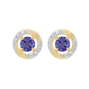 Boucles d'Oreilles Clou Tanzanite Classique Or Jaune 375 et Ear-Jacket Halo Diamant
