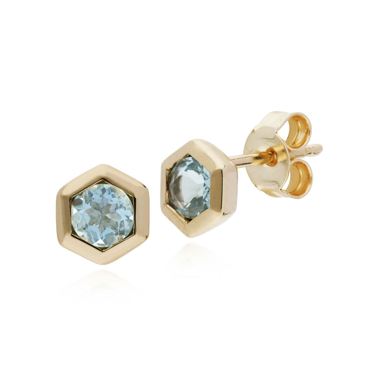 Aigue-Marine Boucles D'Oreilles, 9 CT or Jaune Aigue-Marine Hexagone Boucles D'Oreilles