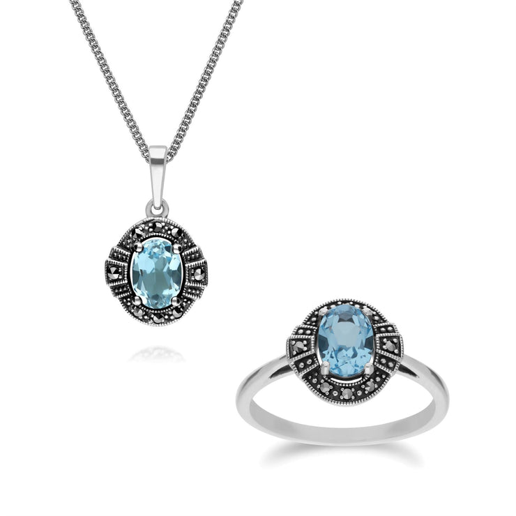 Pendentif et Bague Style Art Déco Argent 925 Topaze Bleue et Marcassite Cluster Oval