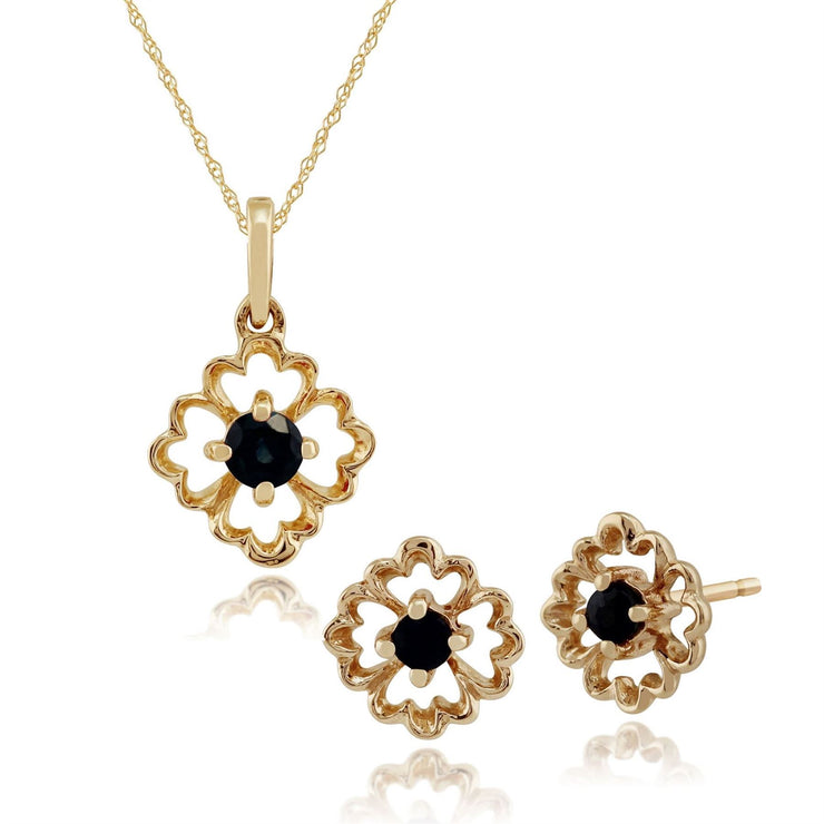 Pendentif et Boucles d'Oreilles Clou Floral Or Jaune 375 Saphir Rond