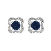 Boucles d'Oreilles Clou Saphir Bleu Classique Or Blanc 375 et Ear-Jacket Fleur Diamant