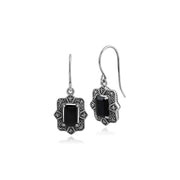 Boucles d'Oreilles Pendantes Octogonales Style Art Déco Argent 925 Spinelle Noir et Marcassite