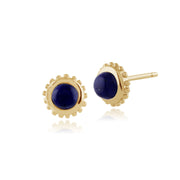 Boucles d'Oreilles Clou et Bague Solitaire Classique Or Jaune 375 Lapis Lazuli Ronde