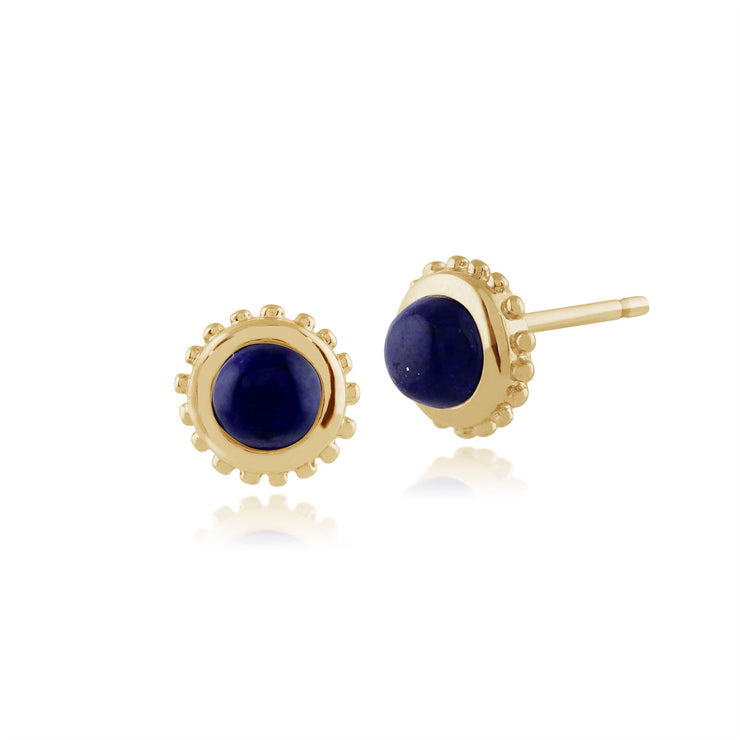 Boucles d'Oreilles Clou et Bague Solitaire Classique Or Jaune 375 Lapis Lazuli Ronde