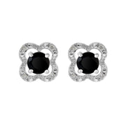 Boucles d'Oreilles Clou Onyx Noire Classique Or Blanc 375 et Ear-Jacket Fleur Diamant