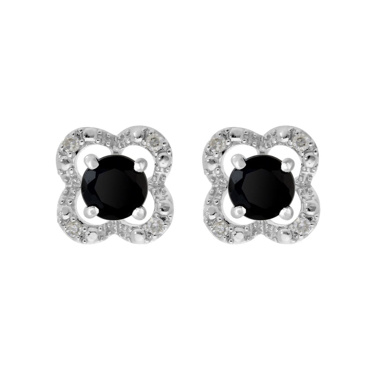 Boucles d'Oreilles Clou Onyx Noire Classique Or Blanc 375 et Ear-Jacket Fleur Diamant