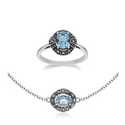 Bracelet et Bague Style Art Déco Argent 925 Topaze Bleue Ovale et Marcassite Cluster