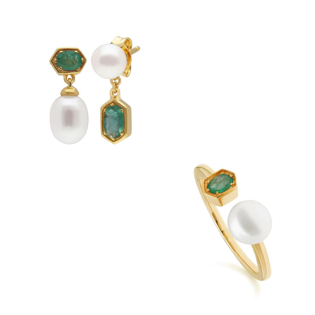 Bague et Boucles d'Oreilles Perle Moderne Argent 925 Doré à l'Or Fin Emeraude et Perle
