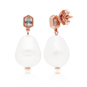 Boucles d'Oreilles Asymétrique Perle Moderne Argent 925 Plaqué Or Rose Perle et Topaze