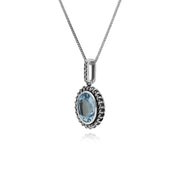 Topaze Collier, Argent Sterling Topaze Bleu & Marcassite Pendentif Ovale avec 45cm Chaîne