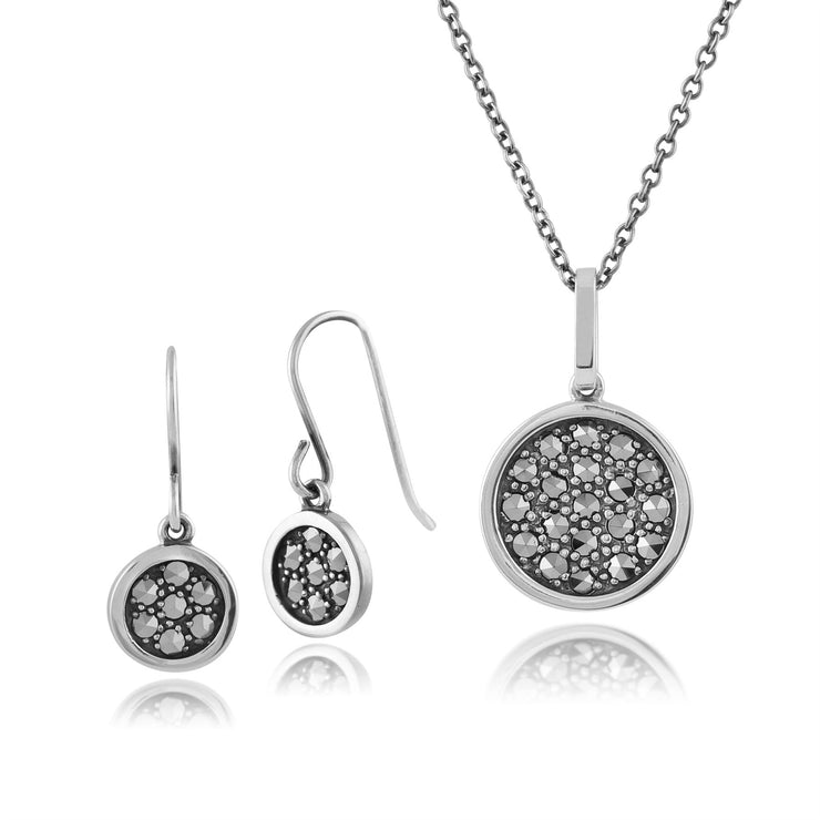 Collier et Boucles d'Oreilles Pendantes Cercle Style Art Déco Argent 925 Diamant