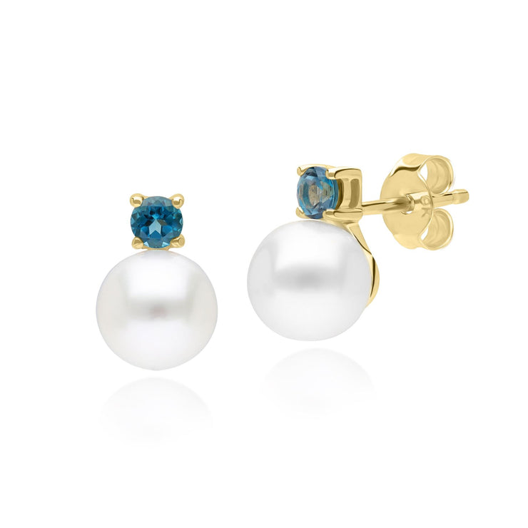 Boucles d'oreilles clou Modern Pearl Or Jaune 375 Perle et Topaze Bleue