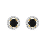 Boucles d'Oreilles Clou Saphir Bleu Foncé Classique Or Jaune 375 et Ear-Jacket Rond Diamant