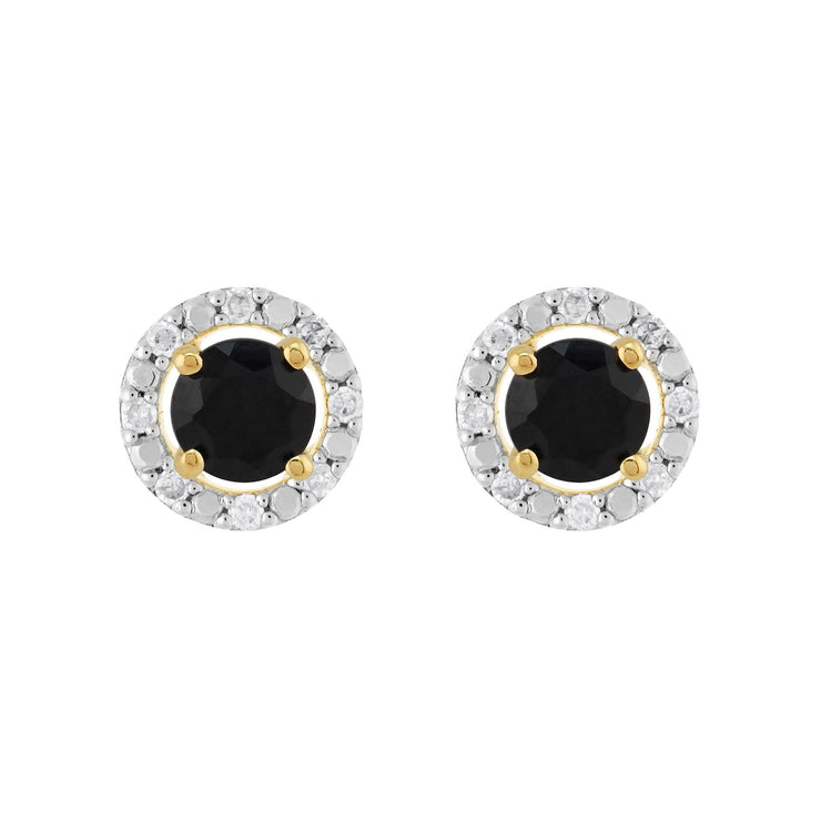 Boucles d'Oreilles Clou Saphir Bleu Foncé Classique Or Jaune 375 et Ear-Jacket Rond Diamant