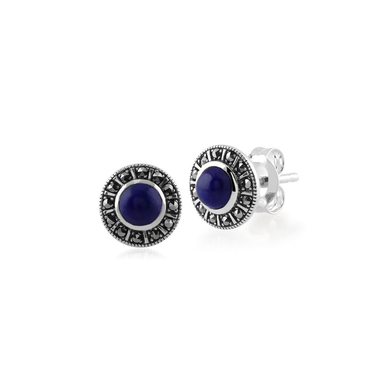 Bague et Boucles d'Oreilles Clou Style Art Déco Argent 925 Lapis Lazuli Rond et Marcassite Halo
