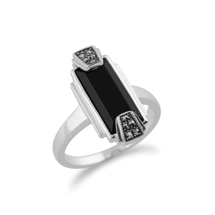 Gemondo Art Déco Bague, 925 Sterling Silver Art Déco Onyx Noir & Marcassite Bague