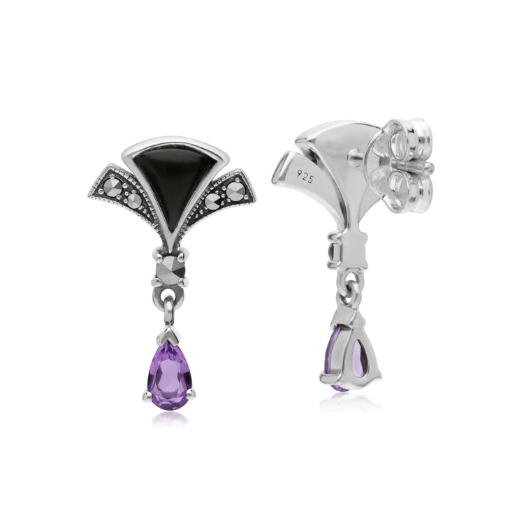 s Argent Sterling Poire Améthyste, Onyx Noir et Marcassite Éventail Boucles D'Oreilles Goutte