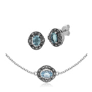 Bracelet et Boucles d'Oreilles Clou Style Art Déco Argent 925 Topaze Bleue et Marcassite Cluster Oval