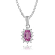 Pendentif et Boucles d'Oreilles Clou Classique Or Blanc 375 Saphir Rose Oval et Diamant Cluster