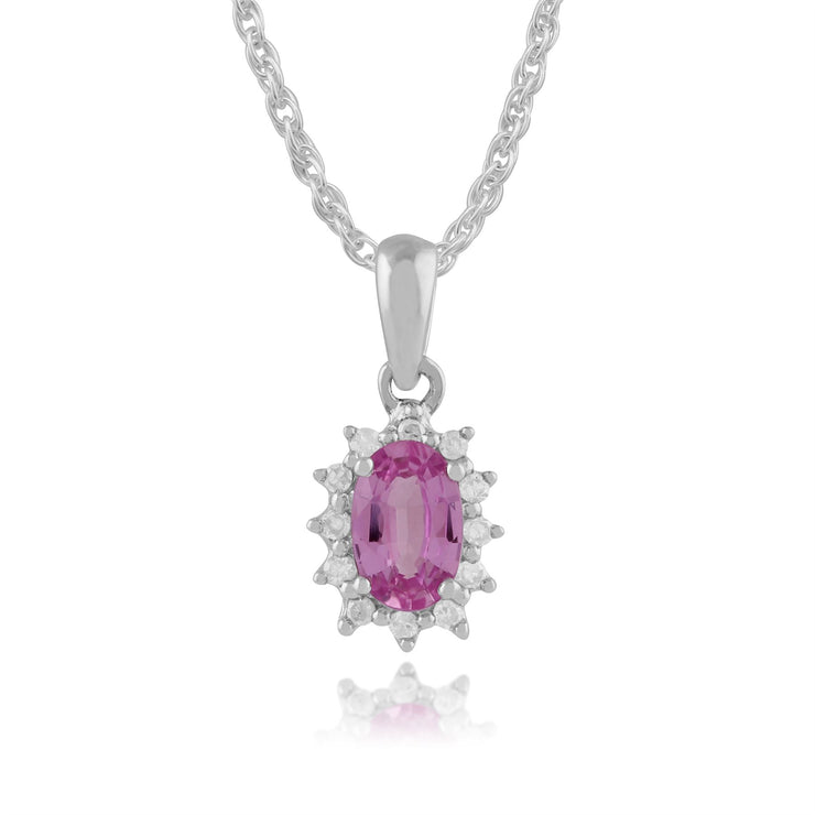 Pendentif et Boucles d'Oreilles Clou Classique Or Blanc 375 Saphir Rose Oval et Diamant Cluster