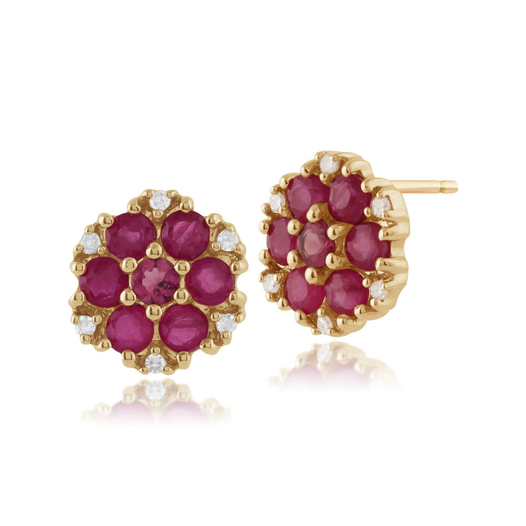 Pendentif et Boucles d'Oreilles Clou Classique Or Jaune 375 Rubis, Tourmaline et Diamant Cluster