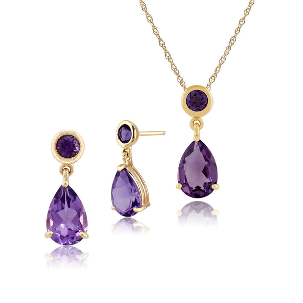 Pendentif et Boucles d'Oreilles Pendantes Classique Or Jaune 375 Améthyste Ronde et Poire