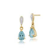 Boucles d'Oreilles Pendantes Classique Or Jaune 375 Topaze Bleu Poire et Diamant