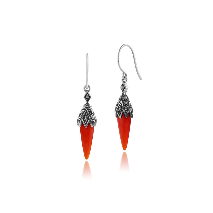 Boucles d'Oreilles Pendantes Style Art Déco Argent 925 Cornaline Poire et Marcassite