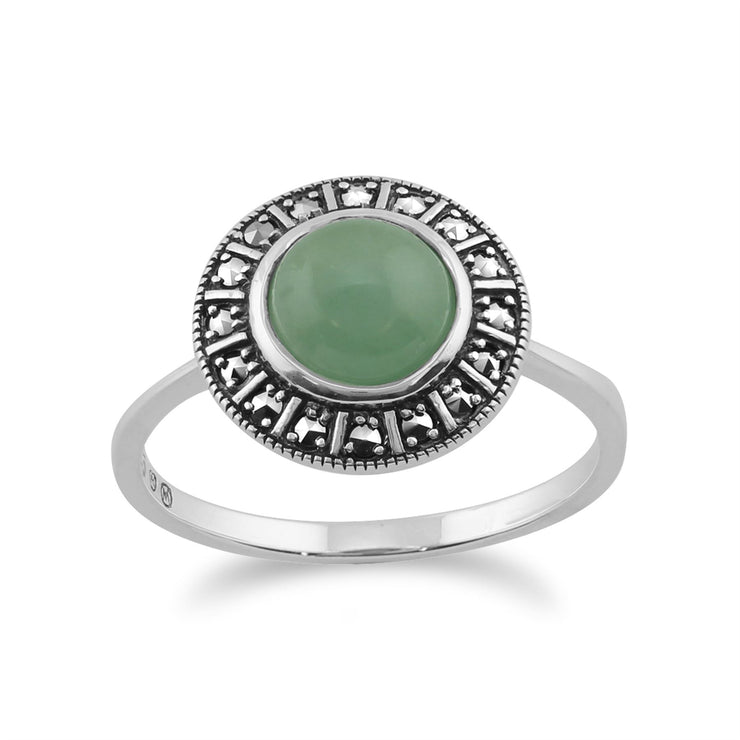 Bague Style Art Déco en Argent Sterling Silver avec Jade Verte Teinté & Marcassite