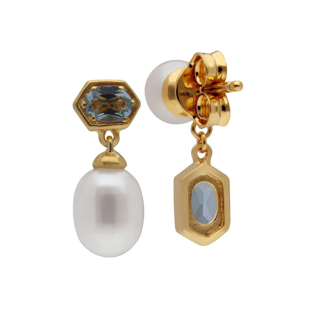 Boucles d'Oreilles Pendantes Asymétriques Perle Moderne Argent 925 Plaqué Or Perle et Topaze Bleue