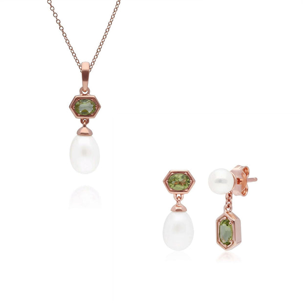 Pendentif et Boucles d'Oreilles Perle Moderne Argent 925 Doré à l'Or Fin Rose Péridot et Perle