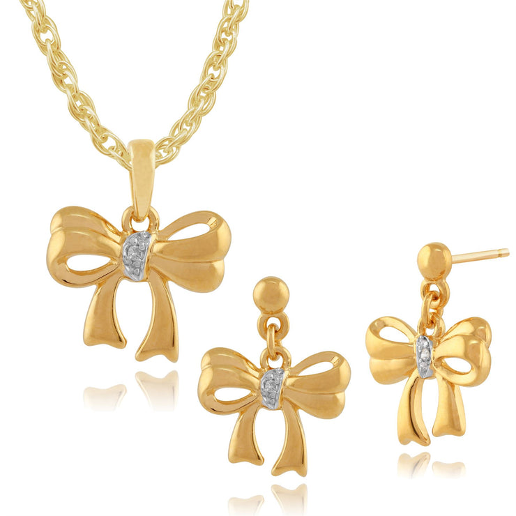 Pendentif et Boucles d'Oreilles Clou Nœud Classique Argent 925 Plaqué Or Jaune Diamant