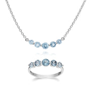 Collier et Bague Classique Argent 925 Topaze Bleue Cinq Pierres