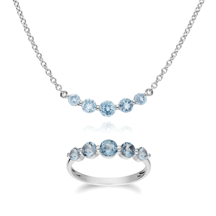 Collier et Bague Classique Argent 925 Topaze Bleue Cinq Pierres