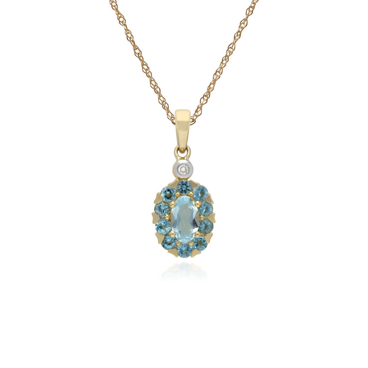 s 9 CT or Jaune Rond Topaze Bleu et Diamant Ovale Serti Pendentif sur 45cm Chaîne