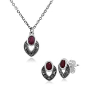 Collier et Boucles d'Oreilles Clou Style Art Déco Argent 925 Rubis Oval et Marcassite