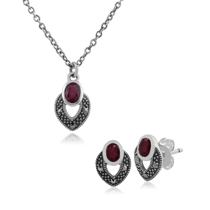 Collier et Boucles d'Oreilles Clou Style Art Déco Argent 925 Rubis Oval et Marcassite