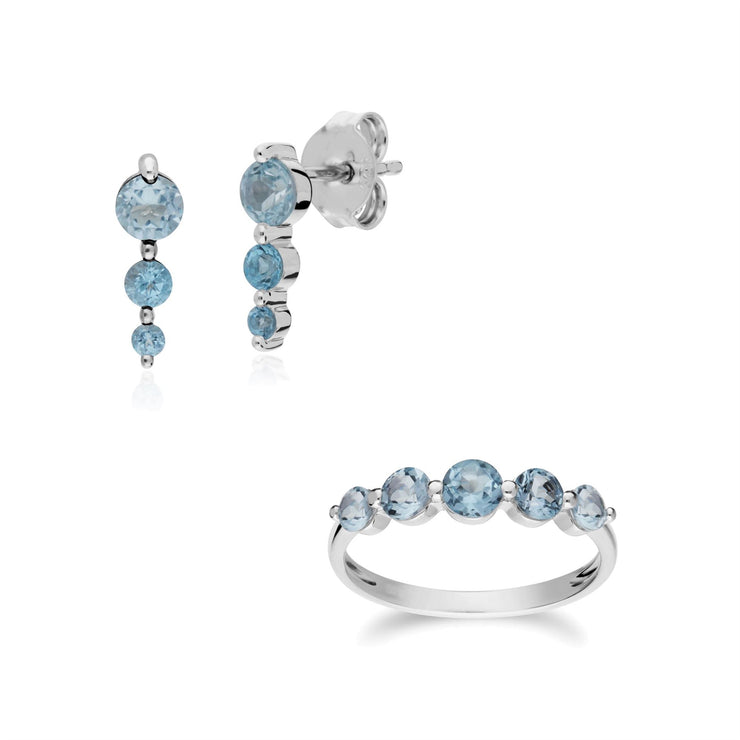 Boucles d'Oreilles Trois Pierres et Bague Cinq Pierres Classique Argent 925 Topaze Bleue