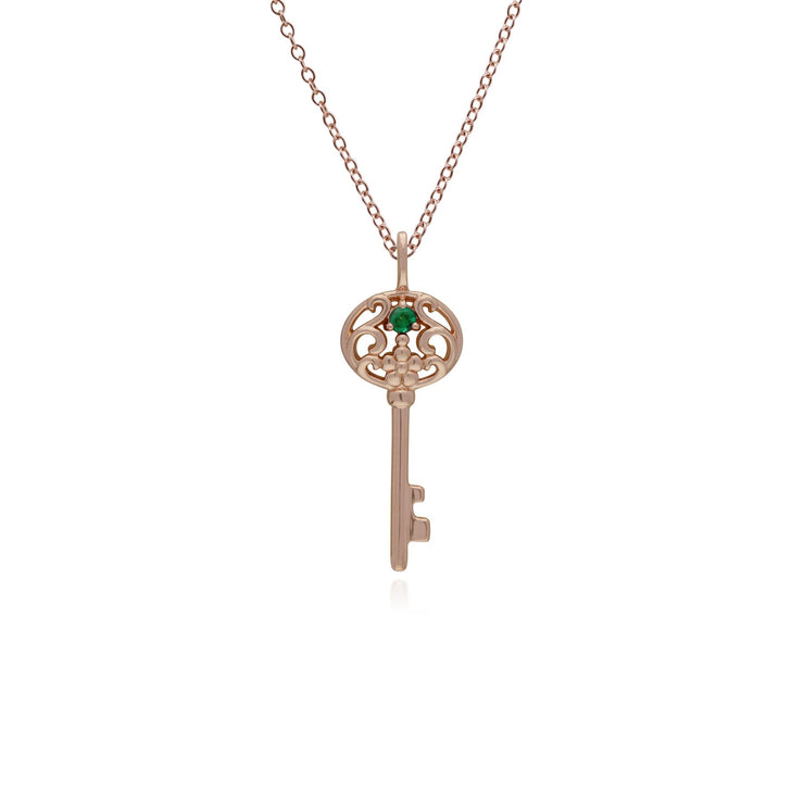 Pendentif Classique Argent 925 Plaqué Or Rose Grande Clé avec Emeraude Ronde