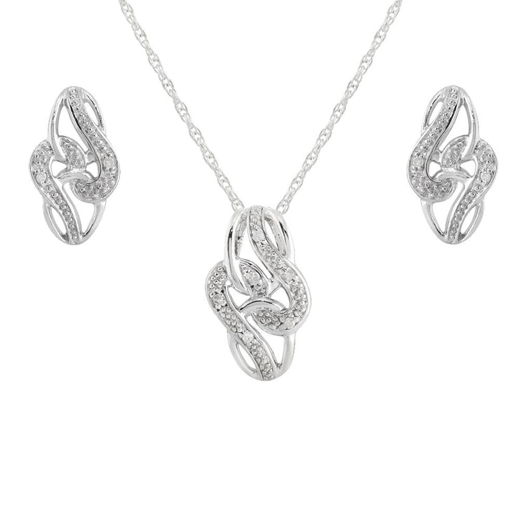 Pendentif et Boucles d'Oreilles Clou Nœud Classique Argent 925 Diamant