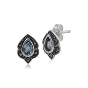 Boucles d'Oreilles Clou Style Art Nouveau Feuillage Argent 925 Topaze Bleue et Marcassite