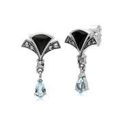 s Argent Sterling Poire Topaze Bleu, Onyx Noir et Marcassite Éventail Boucles D'Oreilles Goutte