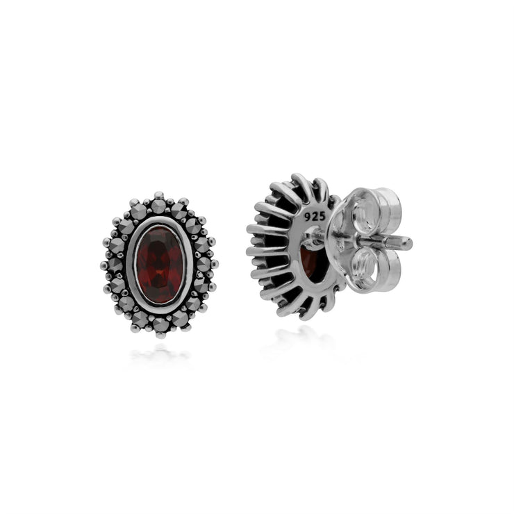 Boucles d'Oreilles Style Art Déco Argent 925 Grenat Oval et Marcassite Halo