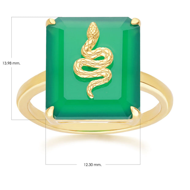 Bague Grand Deco Serpent en Calcédoine Verte en Argent Doré à l'Or Fin