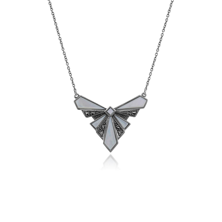 Collier Style Art Déco Eventail Argent 925 Nacre et Marcassite
