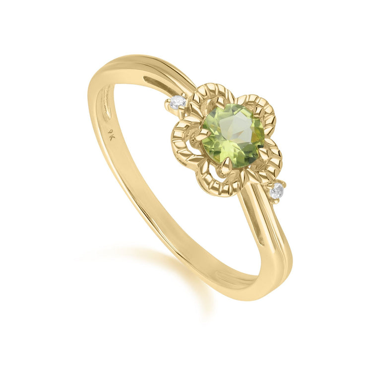 Bague Florale Or Jaune 375 avec Péridot et Diamant Ronds