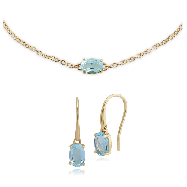 Bracelet et Boucles d'Oreilles Pendantes Classique Or Jaune 375 Topaze Bleue Ovale