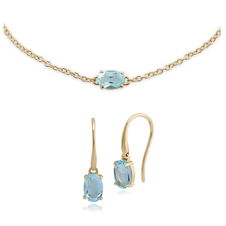 Bracelet et Boucles d'Oreilles Pendantes Classique Or Jaune 375 Topaze Bleue Ovale