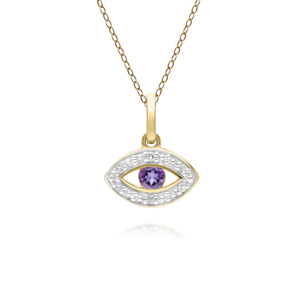 ECFEW™ Pendentif Evil Eye Délicat Améthyste Ronde et Diamants en Or Jaune 9ct